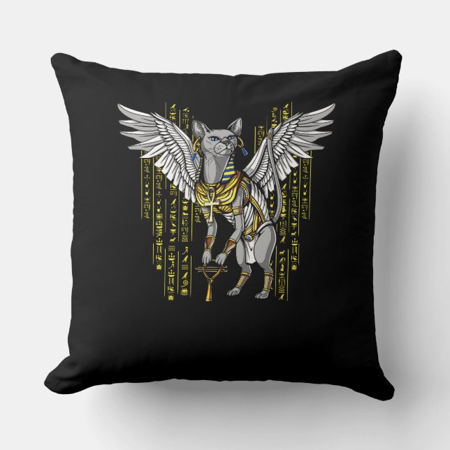 Bastet Egyptian Cat Goddess Ankh Hieroglyphs Cushion (Front)