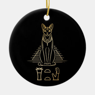 Bastet with name in hieroglyphs and Egypt Pyramid Ceramic Ornament