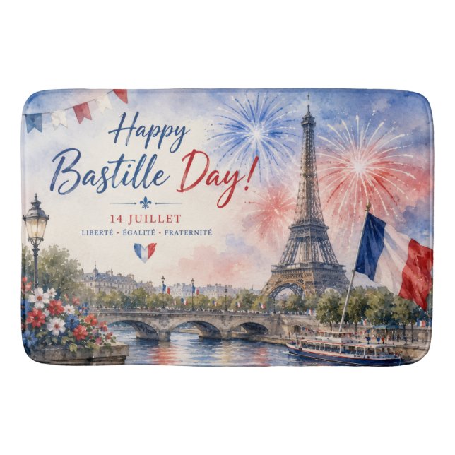 Bastille Day Eiffel Tower River Seine fireworks Bath Mat (Front)