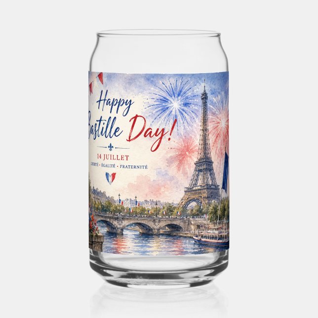 Bastille Day Eiffel Tower River Seine fireworks Can Glass (Back)
