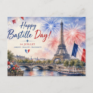 Bastille Day Eiffel Tower River Seine fireworks Holiday Postcard