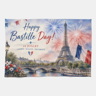 Bastille Day Eiffel Tower River Seine fireworks Tea Towel