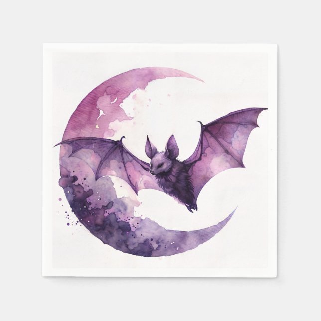 Bat and Crescent Moon Purple Watercolor Art Napkin (Front)