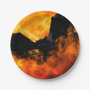 Bat and harvest moon fall black orange elegant  paper plate