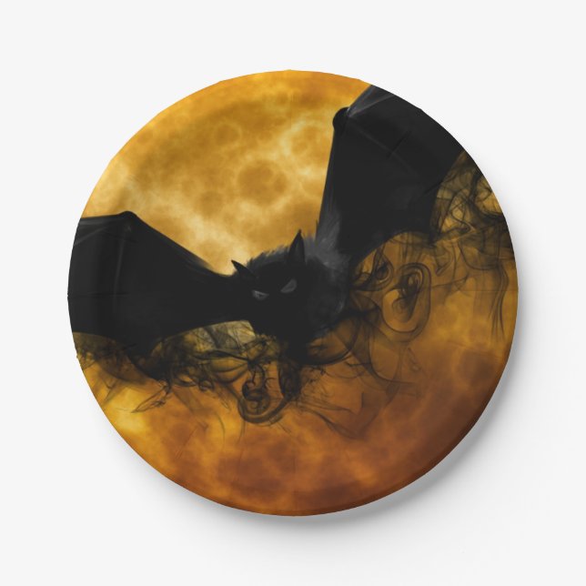 Bat and harvest moon fall black yellow elegant  paper plate (Front)