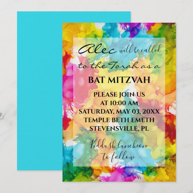 Bat Bar Mitzvah Splash of Colour Invitation (Front/Back)