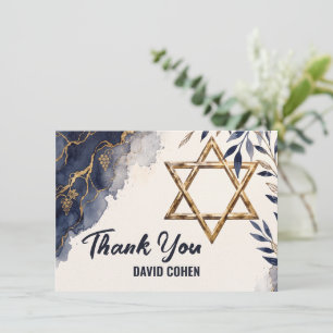 Bat Bar Mitzvah Watercolor Blue Jewish Thank You Card