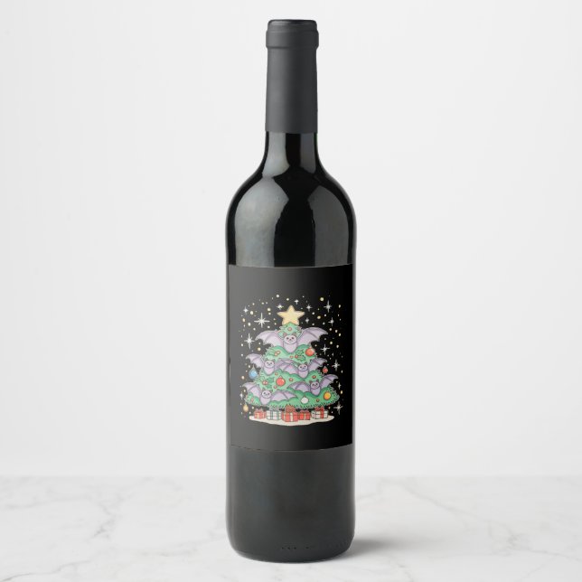 Bat Bird Christmas Tree Xmas Lights Santa Hat Wine Label (Front)