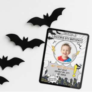 Bat Black and Grey Comic Birthday Invitation