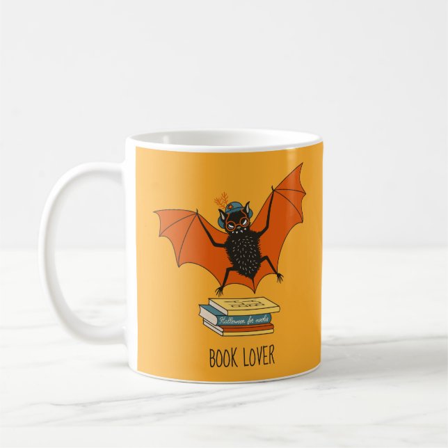 Bat Book Lover Funny Halloween Coffee Mug (Left)