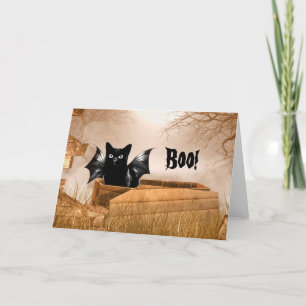 Bat cat Halloween boo Card