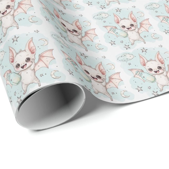Bat Cute Baby Pastel Watercolor Pattern  Wrapping Paper (Roll Corner)
