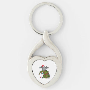 Bat Dragon Cat with Santa Hat on Christmas Tree Key Ring