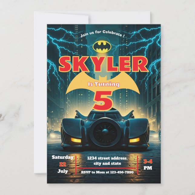Bat Editable Invitation, Superhero Birthday Invite (Front)