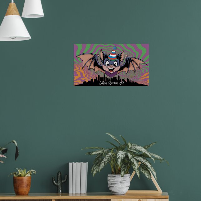 Bat flying above psychedelic city poster (Living Room 1)