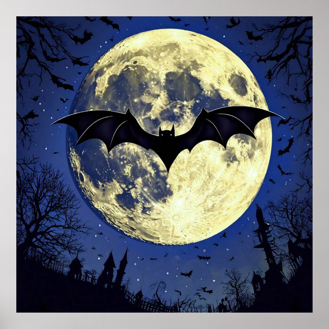 Bat Flying Over Moonlit Sky Poster (Front)