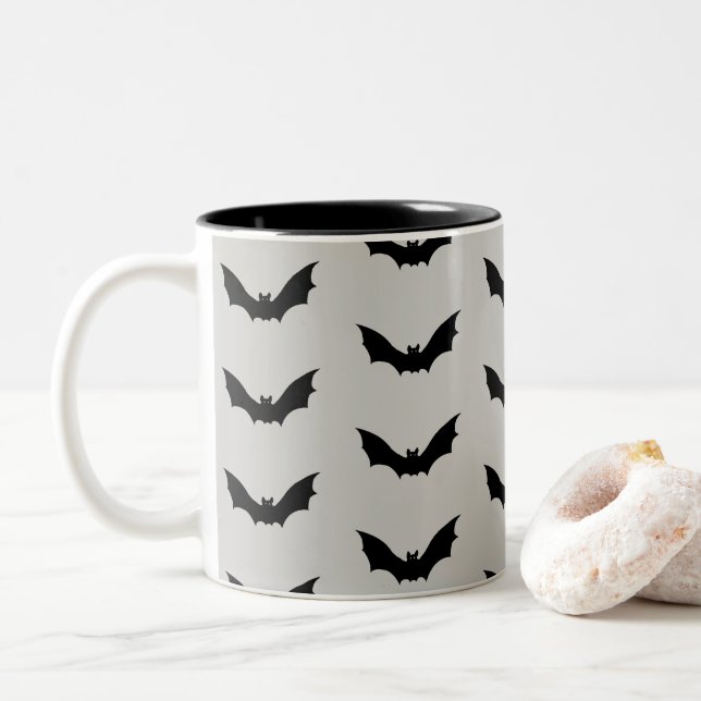 Bat Flying Spooky Halloween Pattern Two-Tone Coffee Mug (With Donut)