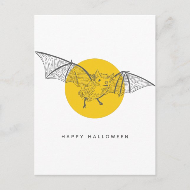 Bat Halloween | Cute Modern Sketch Yellow Moon Postcard (Front)