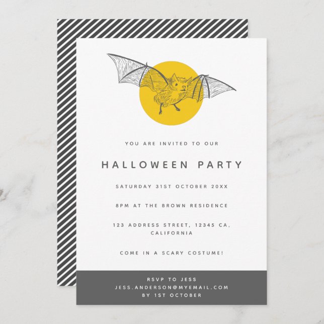 Bat Halloween Party | Cute Modern Fun Yellow Moon Invitation (Front/Back)