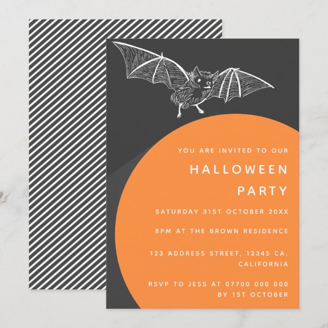 Bat Halloween Party | Modern Black Orange Stylish Invitation (Front/Back)