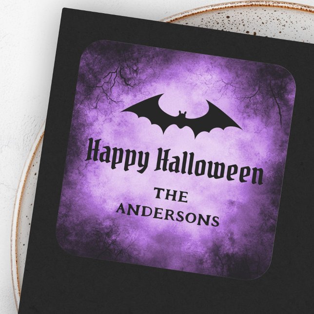 Bat Happy Halloween black purple grunge Square Sticker (Bat Happy Halloween black purple grunge Square Sticker)