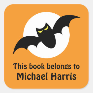 Bat in front of full moon orange bookplate book square sticker