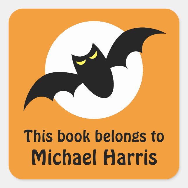 Bat in front of full moon orange bookplate book square sticker (Front)