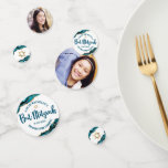 Bat Mitzvah 2 Photo Turquoise Agate Gold Script Confetti<br><div class="desc">Add some extra style to your favourite Bat Mitzvah’s celebration party with this customisable table confetti! Deep turquoise blue script typography and a faux gold Star of David overlay a clean, white background with turquoise blue agate rocks accented with faux gold veins on one side. Your Bat Mitzvah’s photo is...</div>