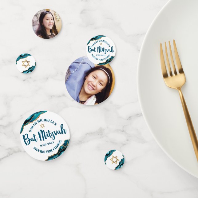 Bat Mitzvah 2 Photo Turquoise Agate Gold Script Confetti (Group)