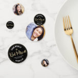 Bat Mitzvah 3 Photo Black Gold Foil Glitter Script Confetti<br><div class="desc">Add some extra style to your favourite Bat Mitzvah’s celebration party with this customisable photo table confetti! Sparkly gold faux foil handwritten script, Star of David, tiny confetti glitter dots and bold white sans serif typography against a sophisticated, dramatic black background on one side mix with your Bat Mitzvah’s photos...</div>