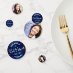 Bat Mitzvah 3 Photo Navy Silver Glitter Script Confetti<br><div class="desc">Add some extra style to your favourite Bat Mitzvah’s celebration party with this customisable photo table confetti! Sparkly silver faux foil handwritten script, Star of David, tiny confetti glitter dots and bold white sans serif typography against a sophisticated, dramatic navy blue watercolor background on one side mix with your Bat...</div>