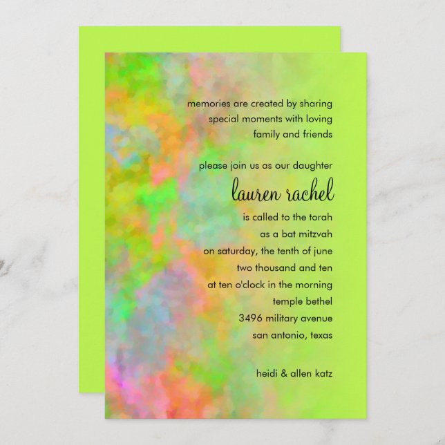 Bat Mitzvah Abstract Design in Lime Green Invitation (Front/Back)