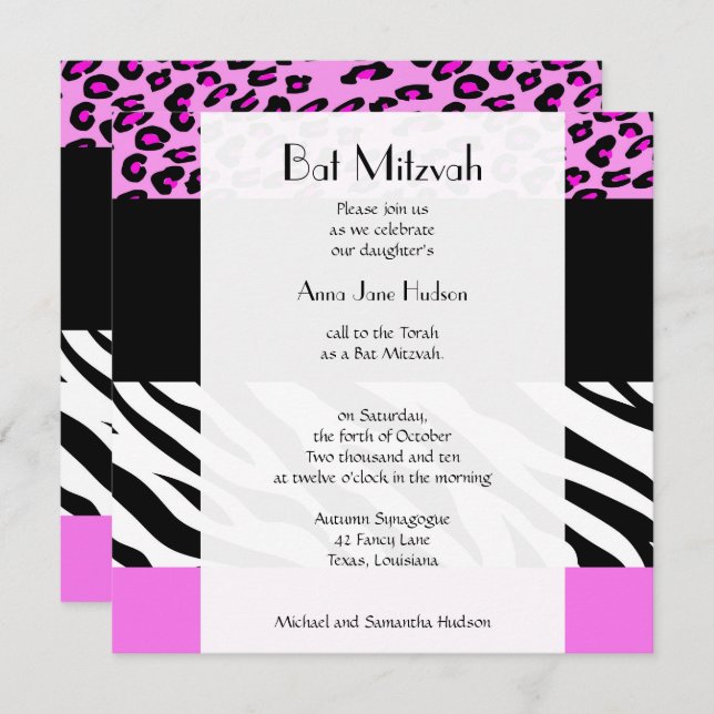 Bat Mitzvah - Animal Print, Zebra, Leopard - Pink Invitation (Front/Back)