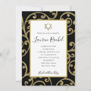 Bat Mitzvah Any Colour Gold Scroll Design Invitation