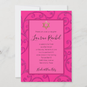 Bat Mitzvah Any Colour Pink Scroll Design Invitation