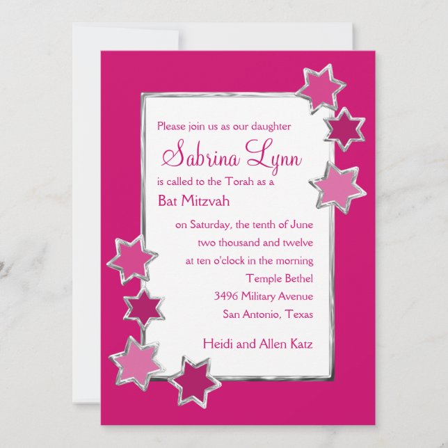 Bat Mitzvah Any Colour White Centre Silver Stars Invitation (Front)