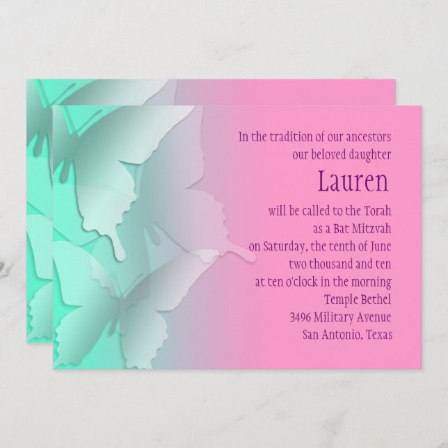 Bat Mitzvah Any Colour with Aqua Ombre Butterflies Invitation (Front/Back)
