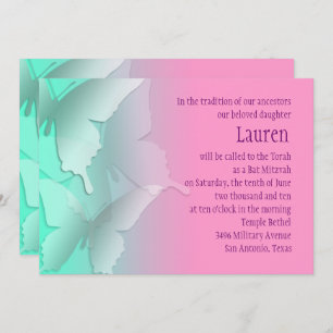 Bat Mitzvah Any Colour with Aqua Ombre Butterflies Invitation