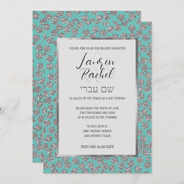 Bat Mitzvah Any Colour with Silver Glitter Dots Invitation (Front/Back)