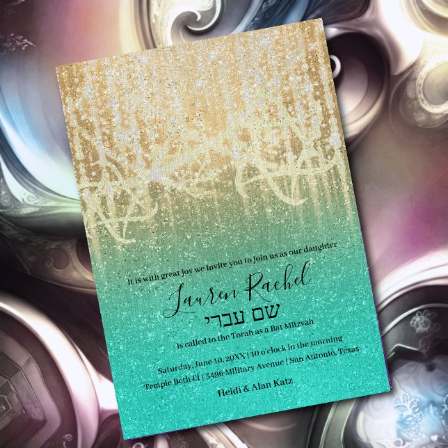Bat Mitzvah Aqua Gold Extra Sparkly Invitation (Creator Uploaded)