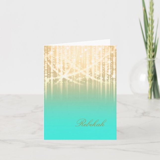 Bat Mitzvah Aqua Green and Gold Sparkly Lights Note Card (Front)