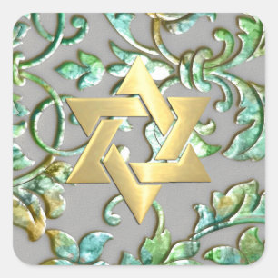 Bat Mitzvah Aqua Green Yellow and Grey Damask Square Sticker