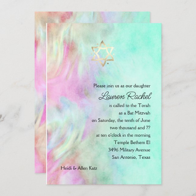 Bat Mitzvah Aqua Tie Dye Design Invitation (Front/Back)