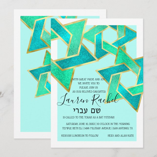 Bat Mitzvah Aqua Turquoise Star of David Invitation (Front/Back)