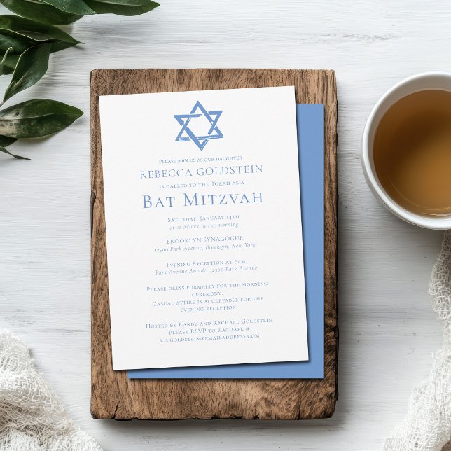 Bat Mitzvah Artistic Blue Star of David Party Invitation (Creator Uploaded)