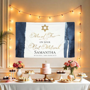Bat Mitzvah Banner   Navy Blue Watercolor Abstract