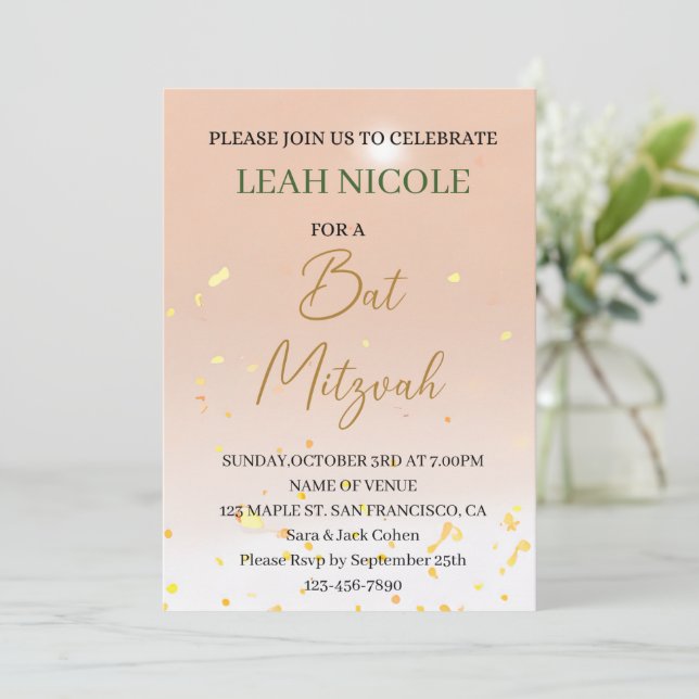 Bat Mitzvah,Bar Mitzvah Birthday Pink Gold Glitter Invitation (Standing Front)