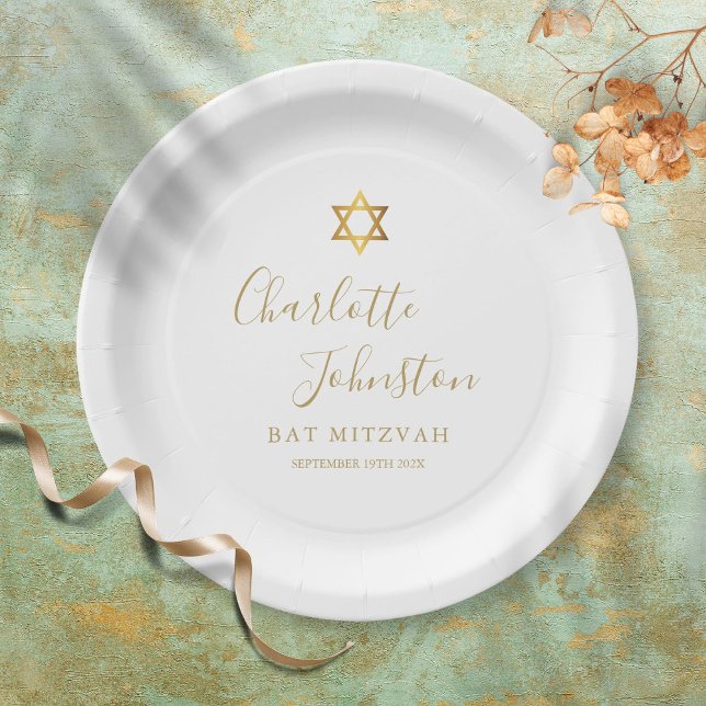  Bat Mitzvah, Bar Mitzvah Elegant Gold Script Paper Plate (Creator Uploaded)