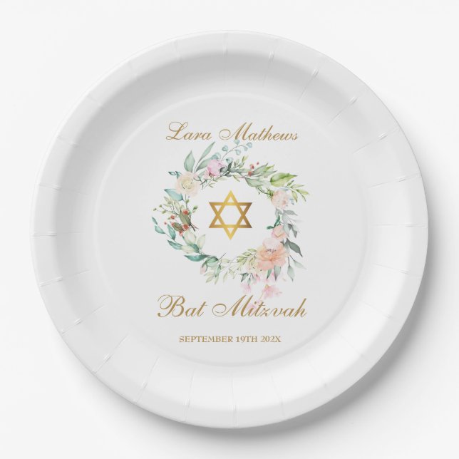 Bat Mitzvah, Bar Mitzvah Watercolor Floral Paper Plate (Front)
