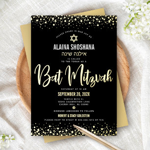 Bat Mitzvah Black Elegant Modern Script Real Gold